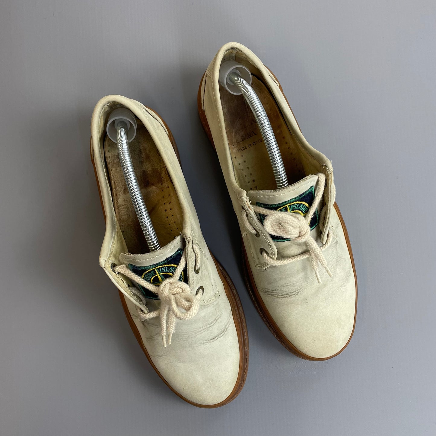 Stone Island Cream 80s Leather Green Edge Badge Gum Sole Derby Shoes