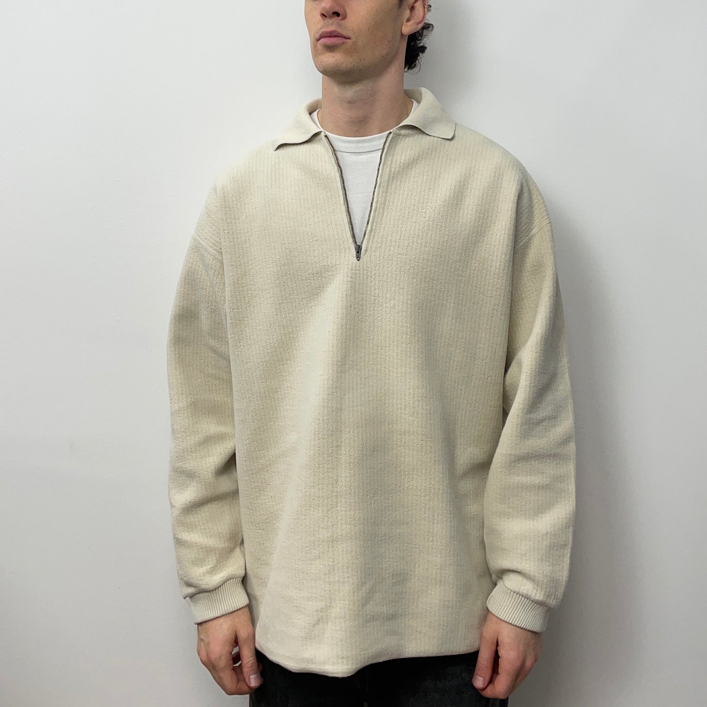 Boneville Cream White 80s Zip Collar Fleece Jumper