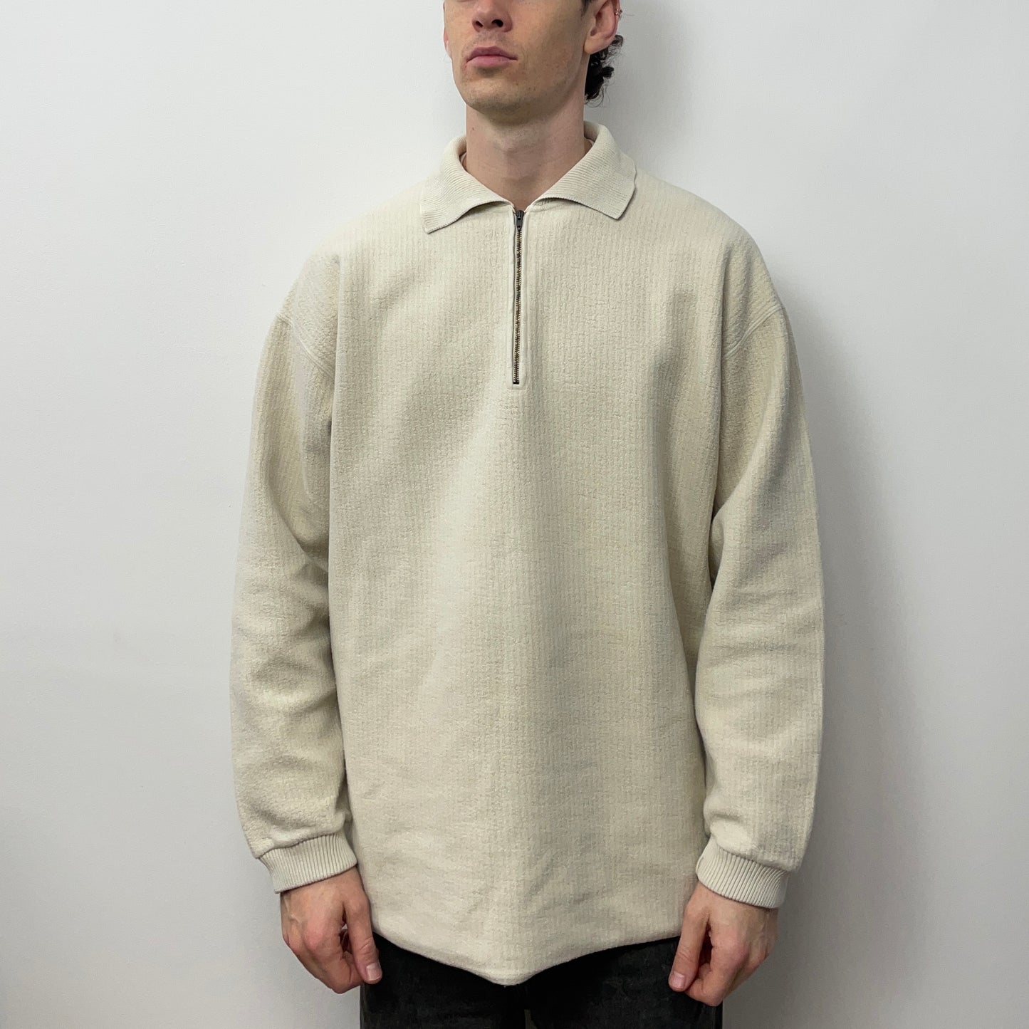 Boneville Cream White 80s Zip Collar Fleece Jumper