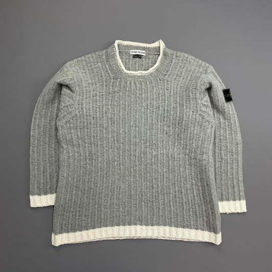 Stone Island Grey & White AW95 Green Edge Badge Wool Knit Jumper