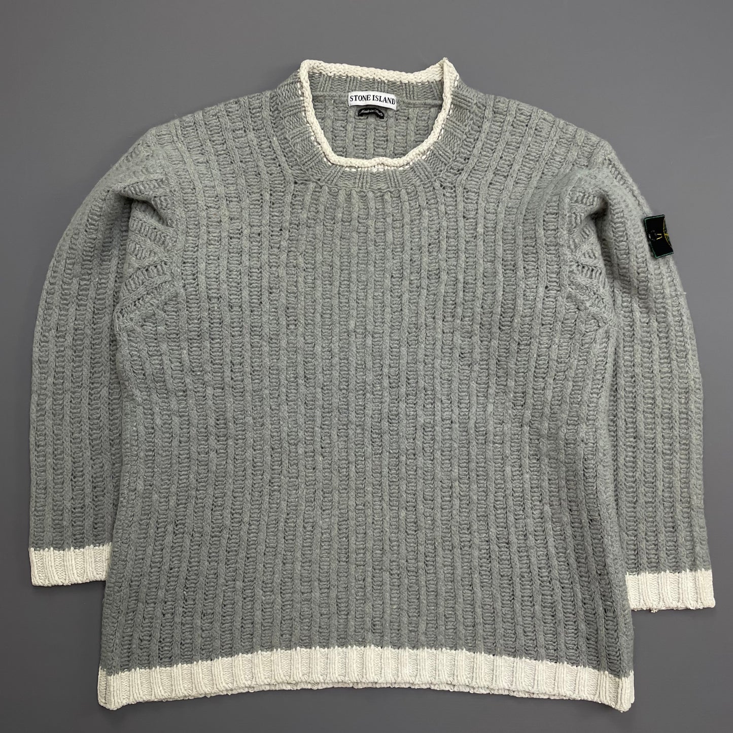 Stone Island Grey & White AW95 Green Edge Badge Wool Knit Jumper