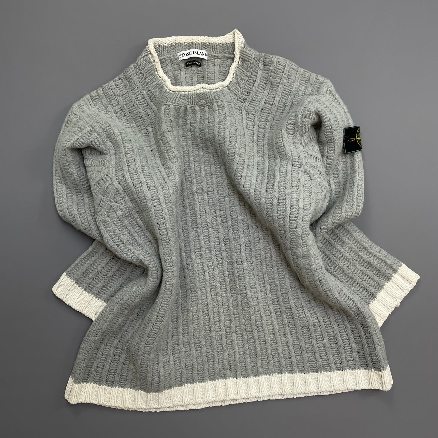 Stone Island Grey & White AW95 Green Edge Badge Wool Knit Jumper