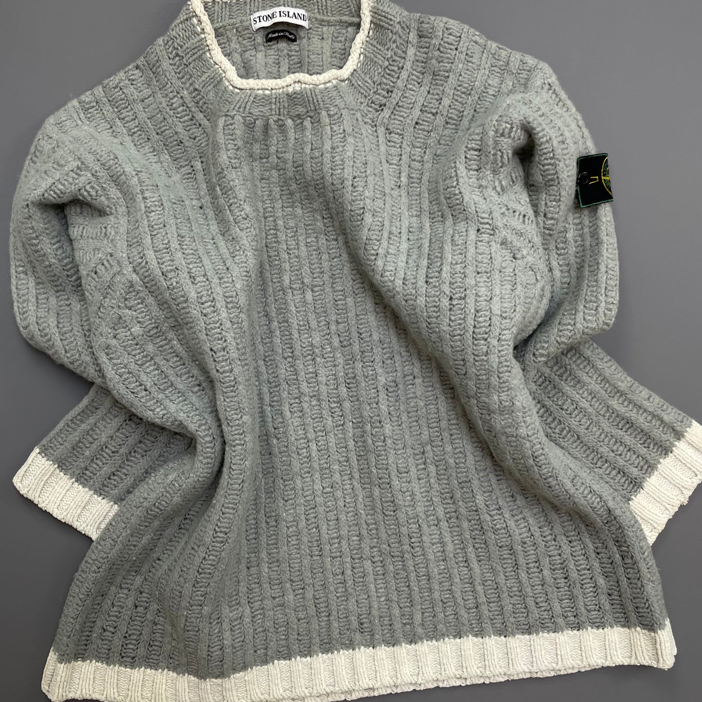 Stone Island Grey & White AW95 Green Edge Badge Wool Knit Jumper