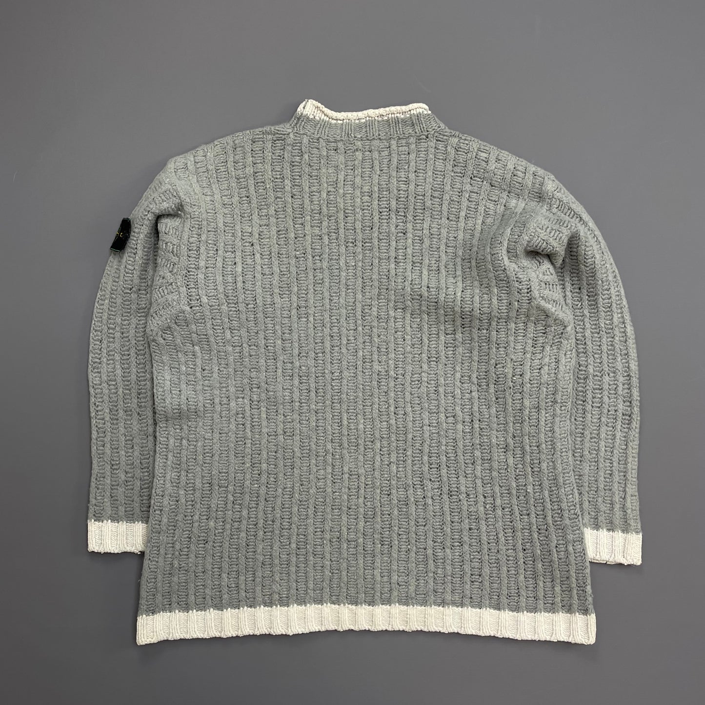 Stone Island Grey & White AW95 Green Edge Badge Wool Knit Jumper