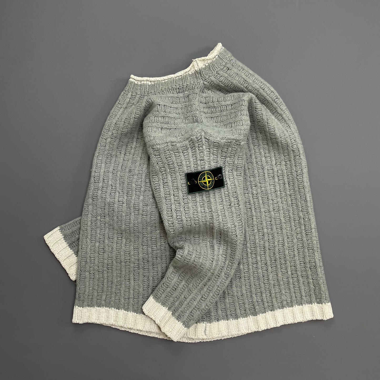 Stone Island Grey & White AW95 Green Edge Badge Wool Knit Jumper