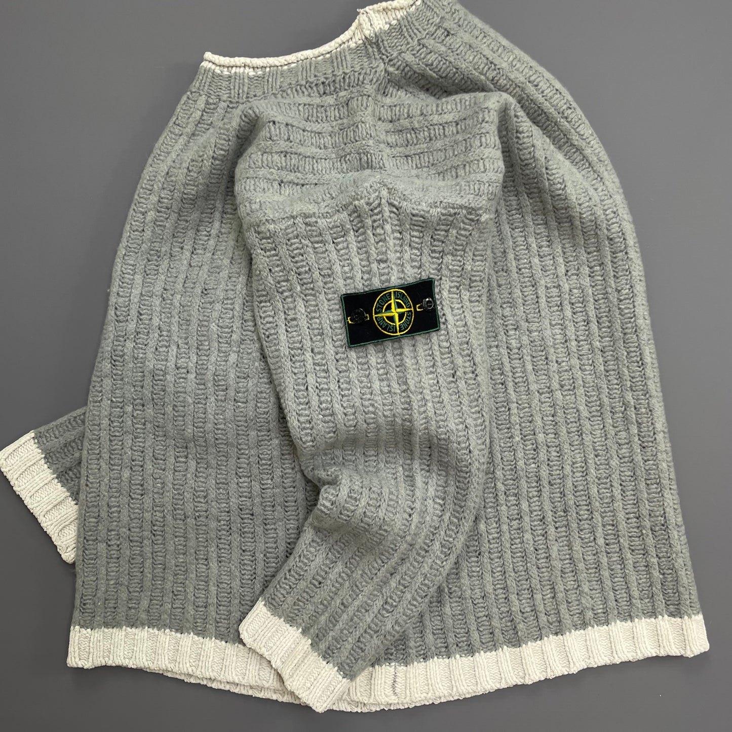 Stone Island Grey & White AW95 Green Edge Badge Wool Knit Jumper