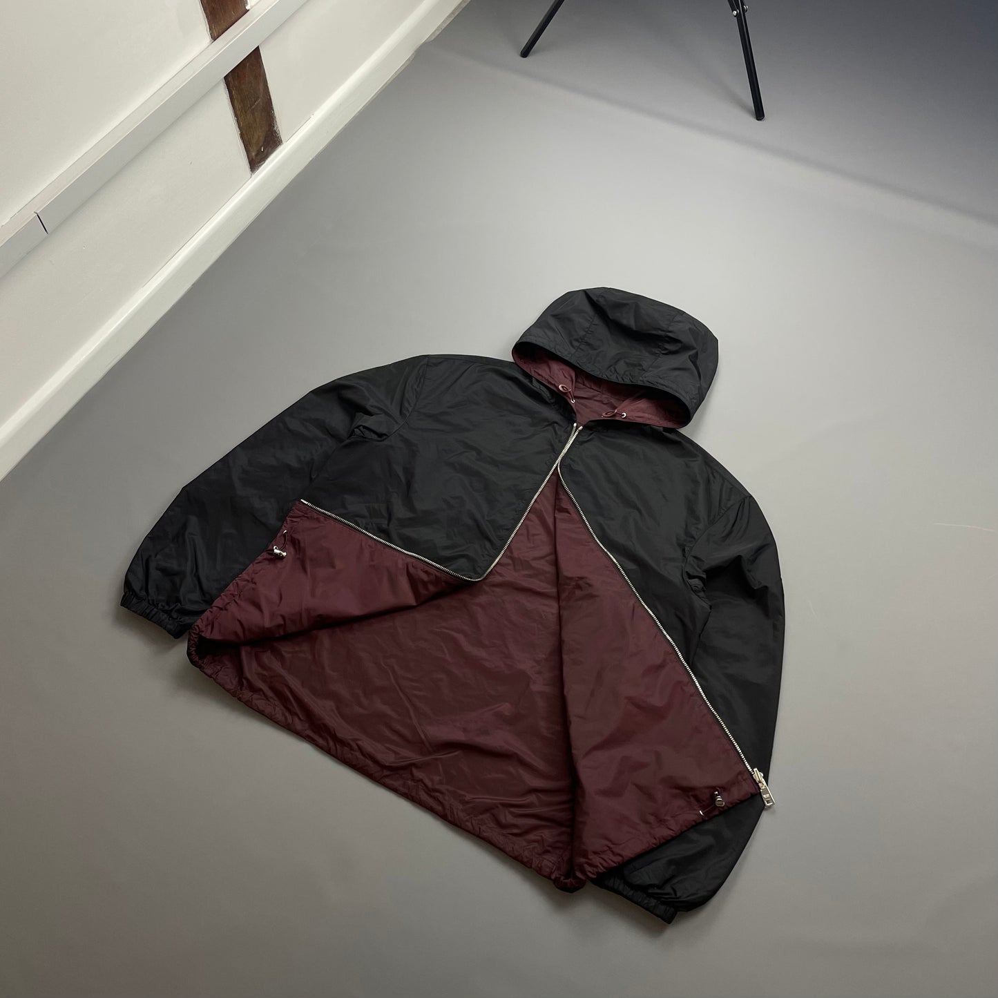Prada Maroon & Black Reversible Lightweight Nylon Windbreaker Jacket