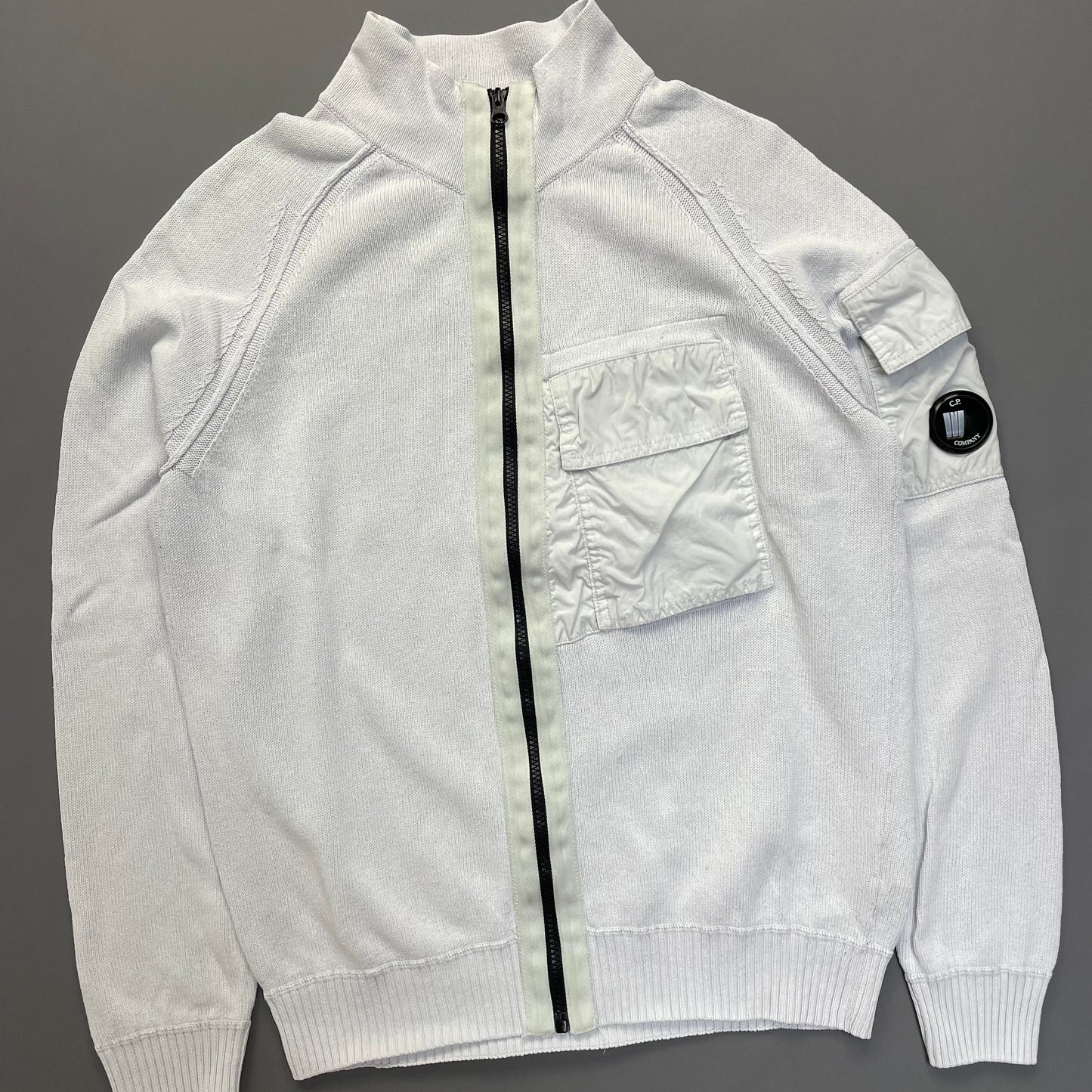 CP Company White Technical Knit Panel Pocket & Lens Jumper