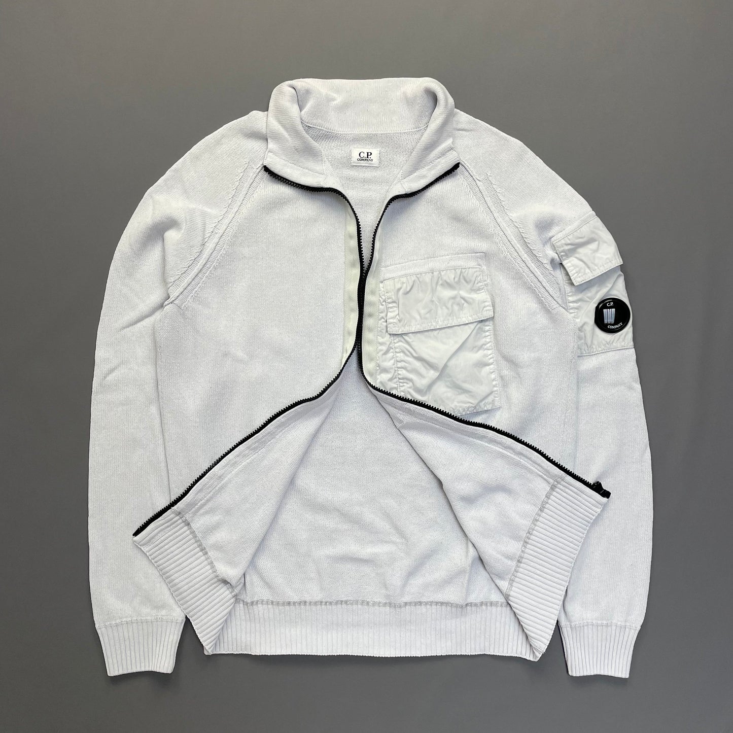 CP Company White Technical Knit Panel Pocket & Lens Jumper
