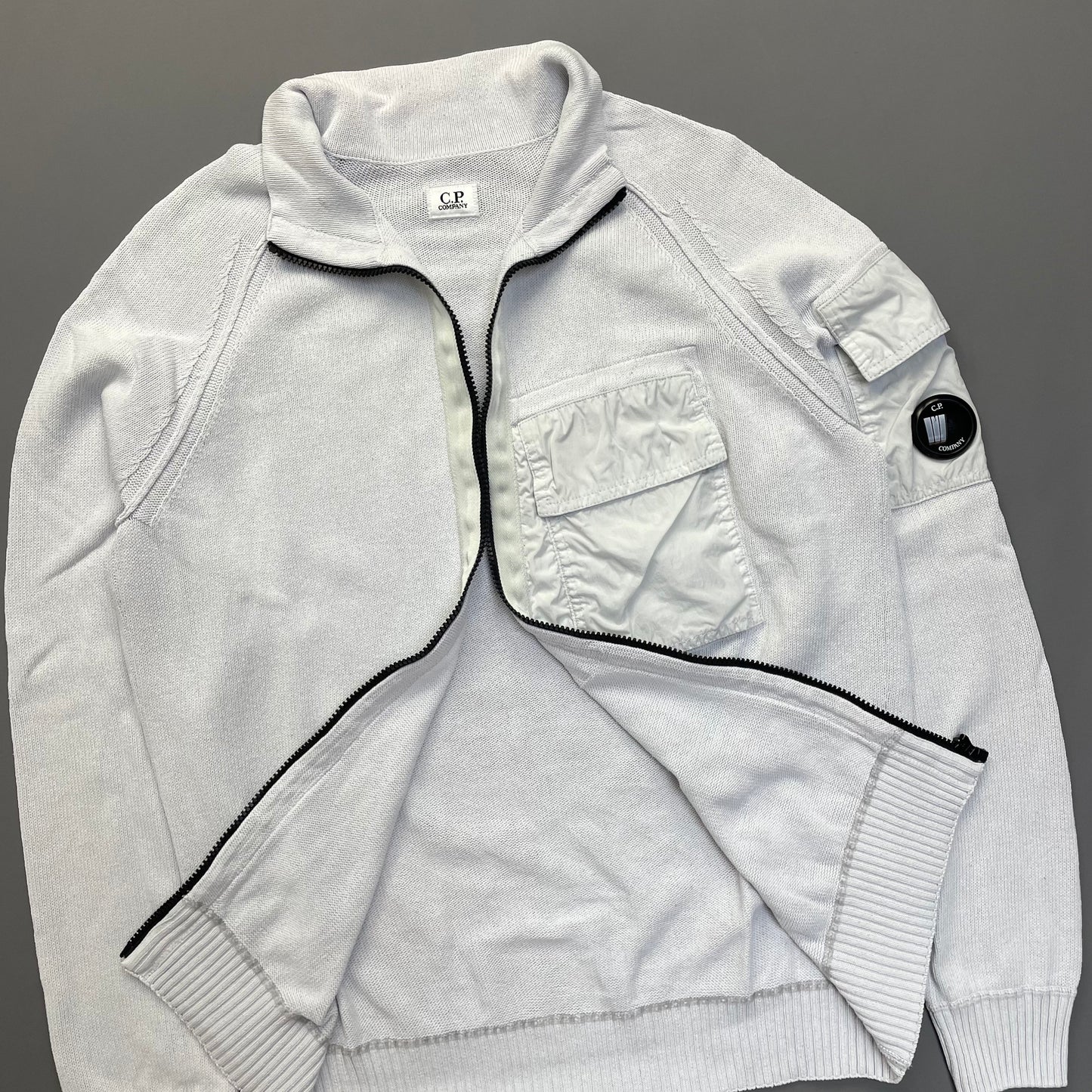 CP Company White Technical Knit Panel Pocket & Lens Jumper
