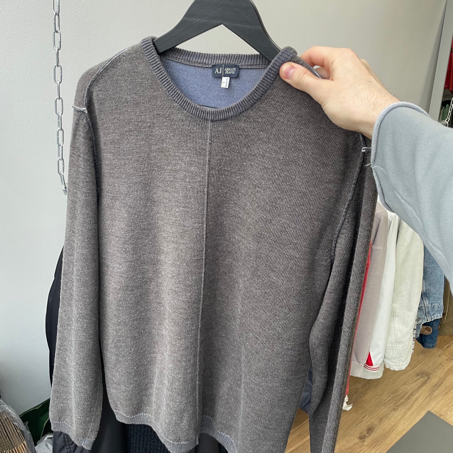 Armani Jeans Grey & Blue 00s Two-Tone Raw Seam Knit Jumper