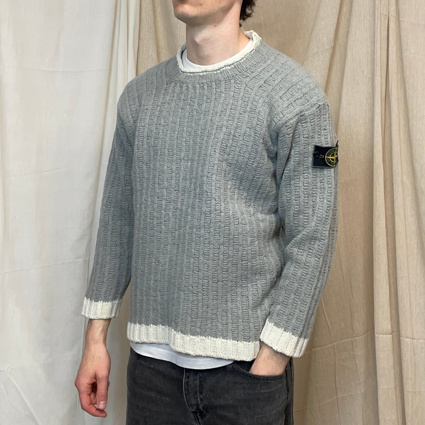 Stone Island Grey & White AW95 Green Edge Badge Wool Knit Jumper