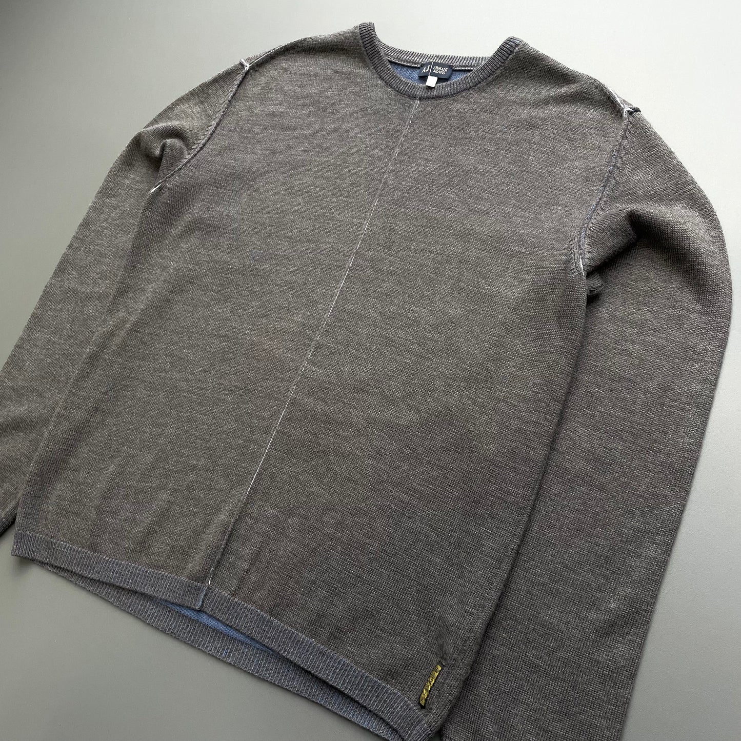 Armani Jeans Grey & Blue 00s Two-Tone Raw Seam Knit Jumper