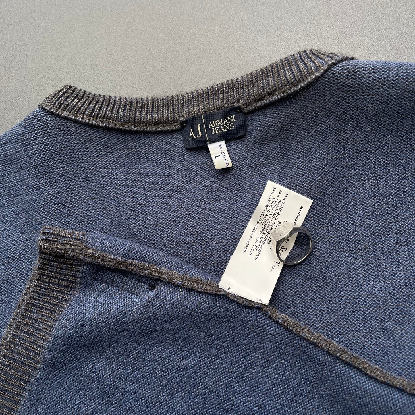Armani Jeans Grey & Blue 00s Two-Tone Raw Seam Knit Jumper