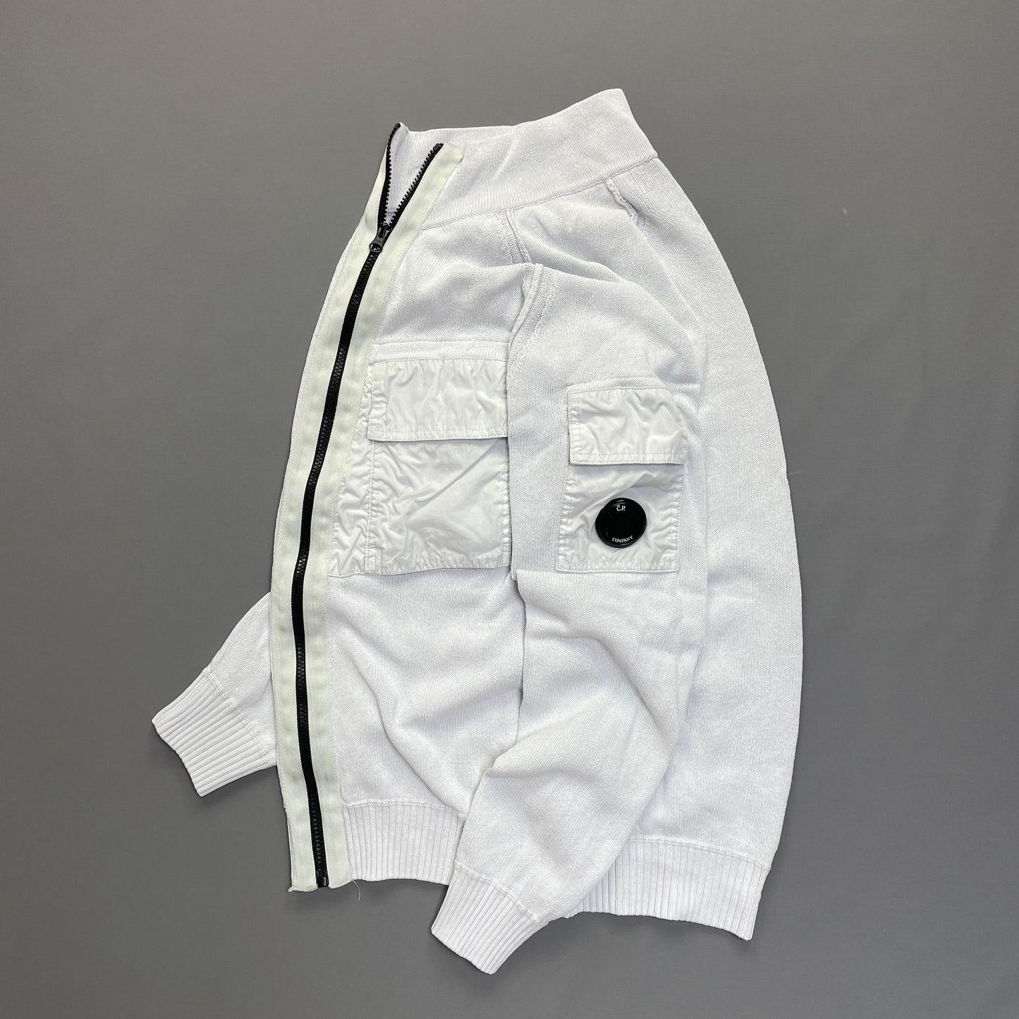 CP Company White Technical Knit Panel Pocket & Lens Jumper