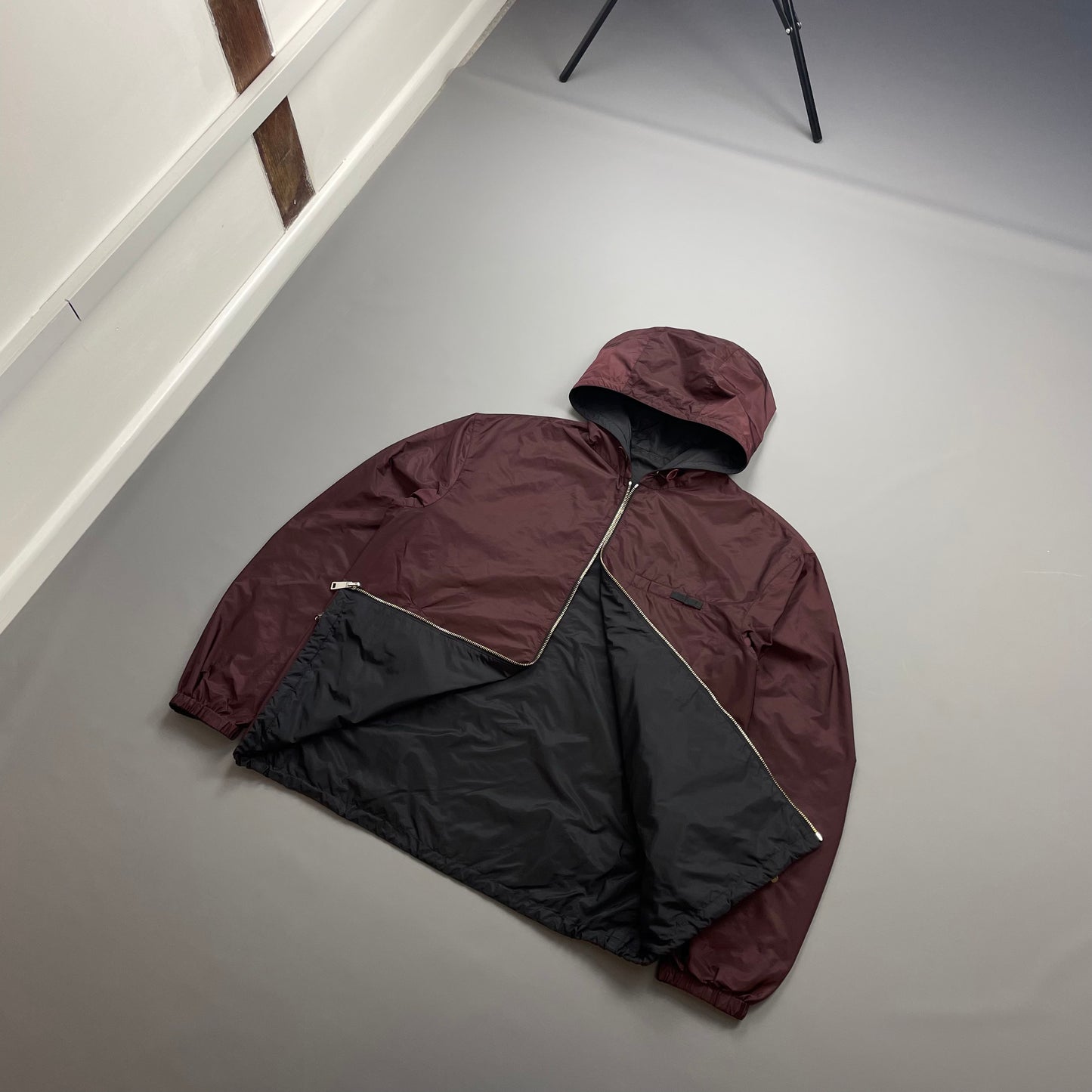 Prada Maroon & Black Reversible Lightweight Nylon Windbreaker Jacket