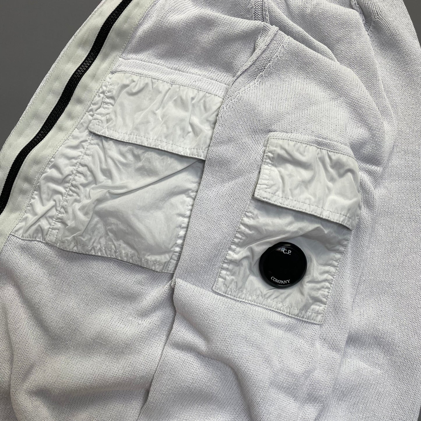 CP Company White Technical Knit Panel Pocket & Lens Jumper