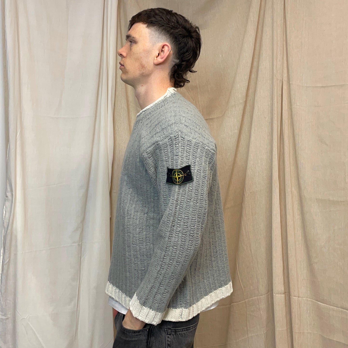 Stone Island Grey & White AW95 Green Edge Badge Wool Knit Jumper