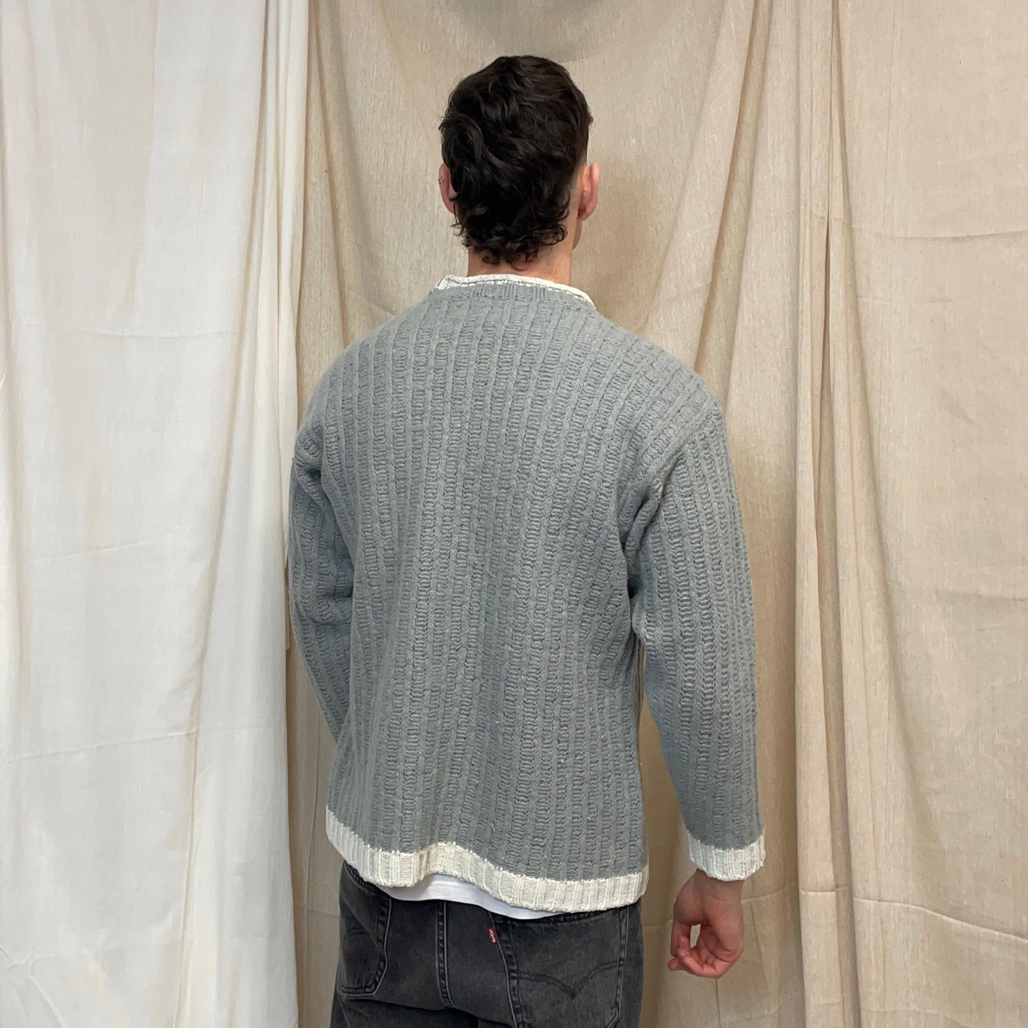 Stone Island Grey & White AW95 Green Edge Badge Wool Knit Jumper