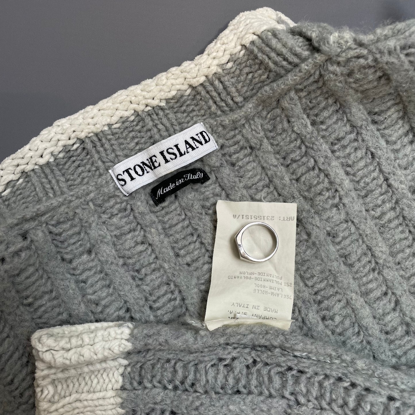 Stone Island Grey & White AW95 Green Edge Badge Wool Knit Jumper
