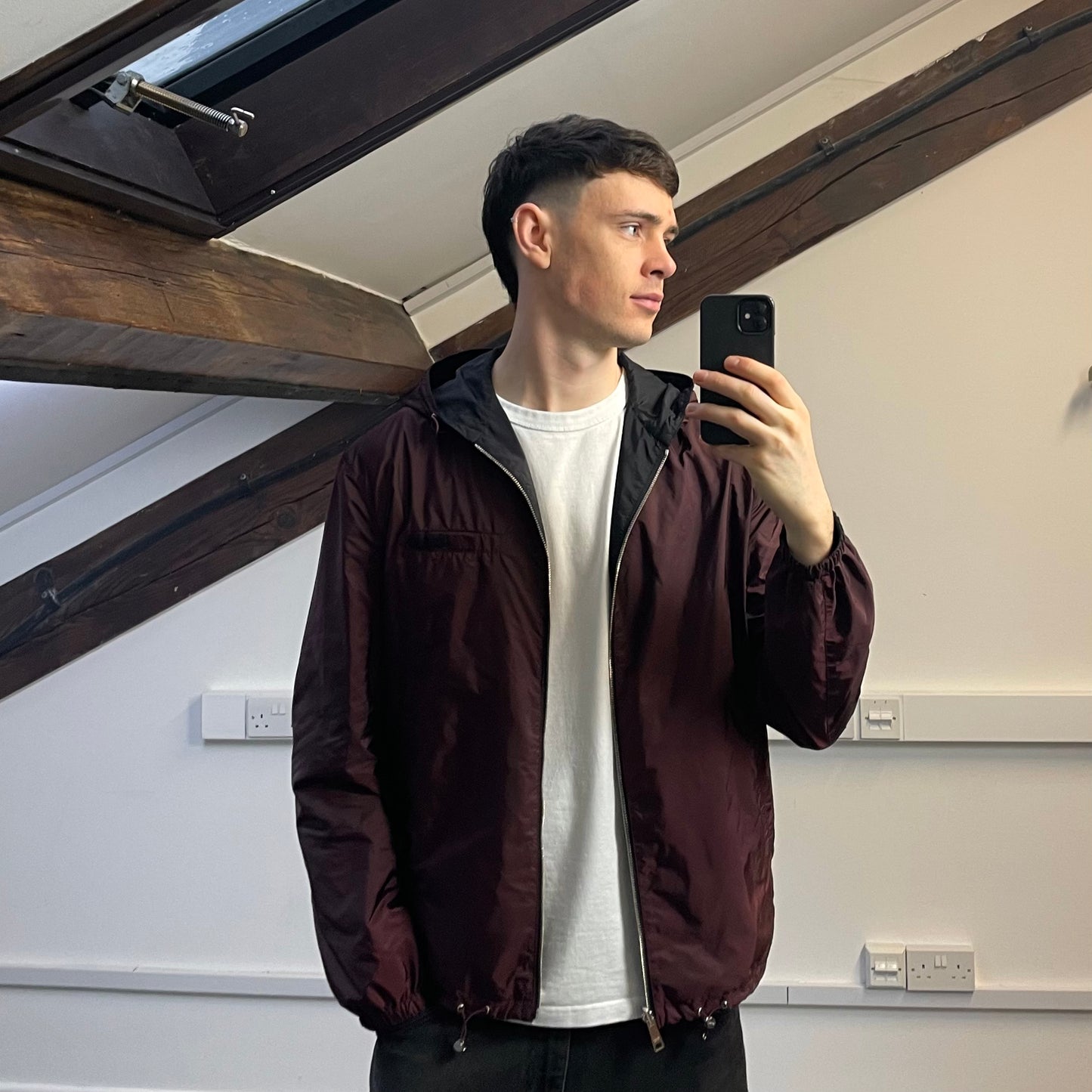 Prada Maroon & Black Reversible Lightweight Nylon Windbreaker Jacket