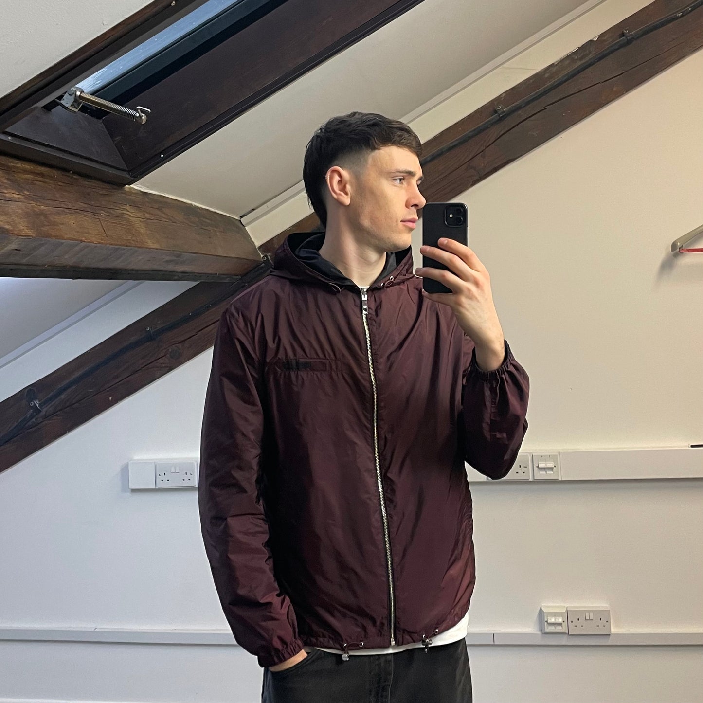 Prada Maroon & Black Reversible Lightweight Nylon Windbreaker Jacket