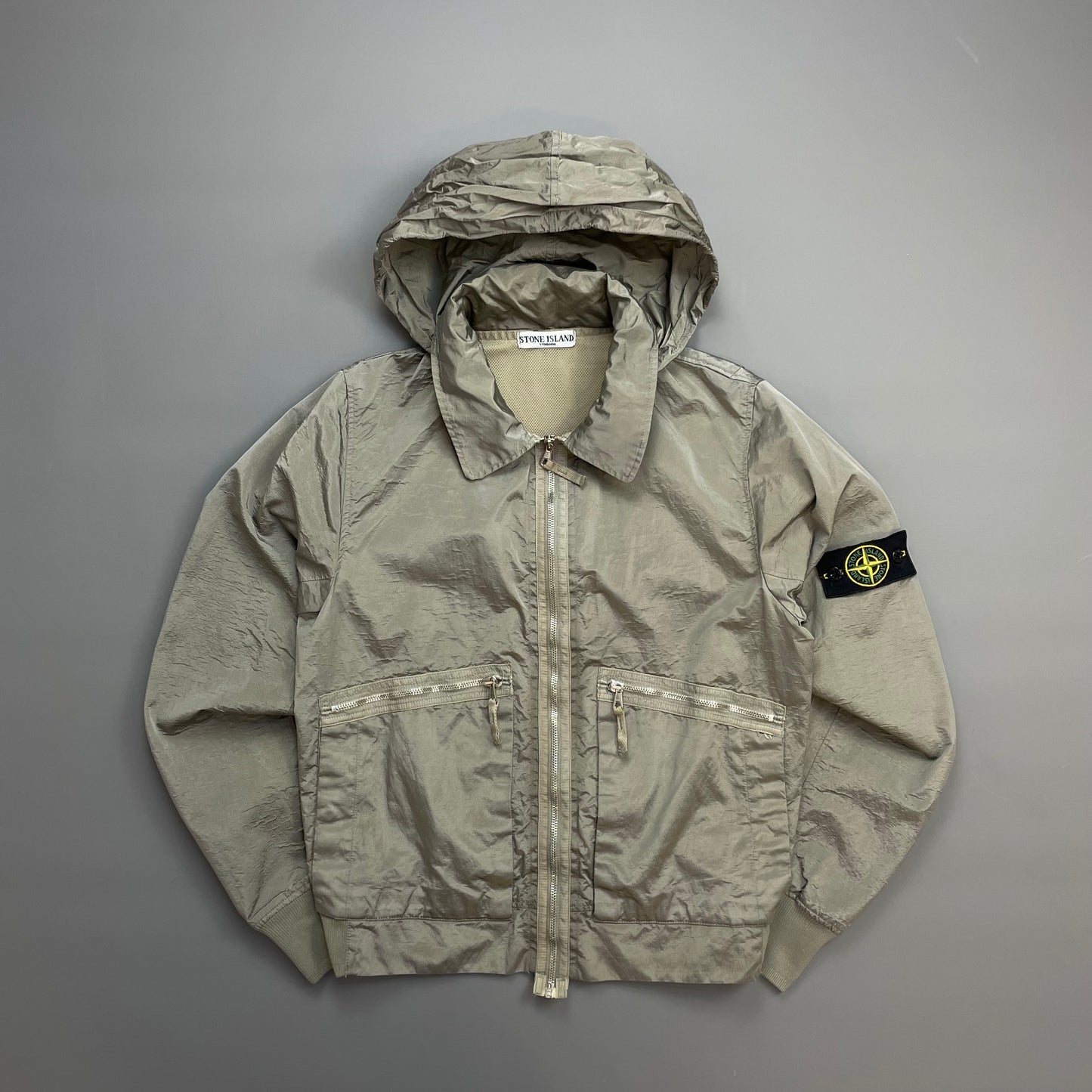 Stone Island Silver Grey SS08 Nylon Metal Archivio Concealed Hood Lightweight Bomber Jacket