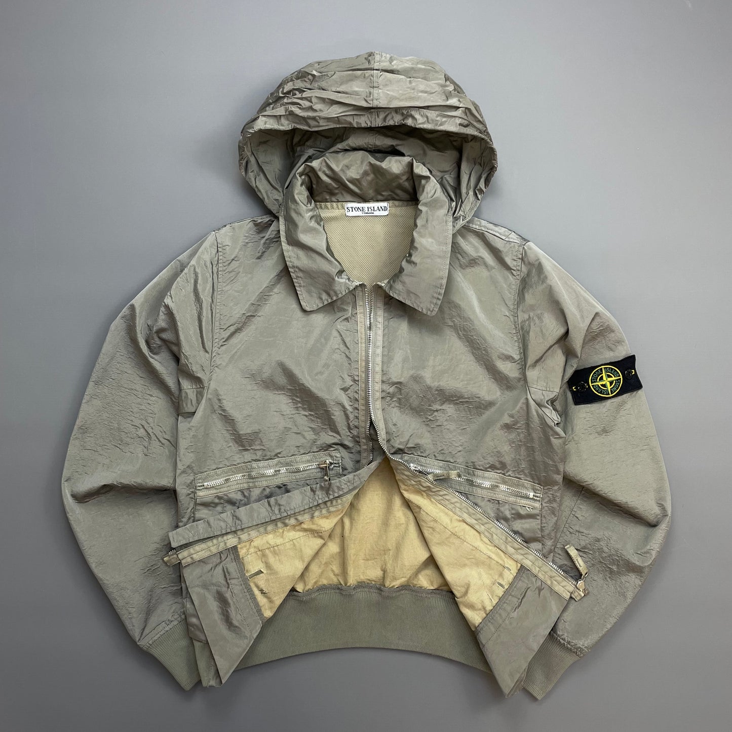 Stone Island Silver Grey SS08 Nylon Metal Archivio Concealed Hood Lightweight Bomber Jacket