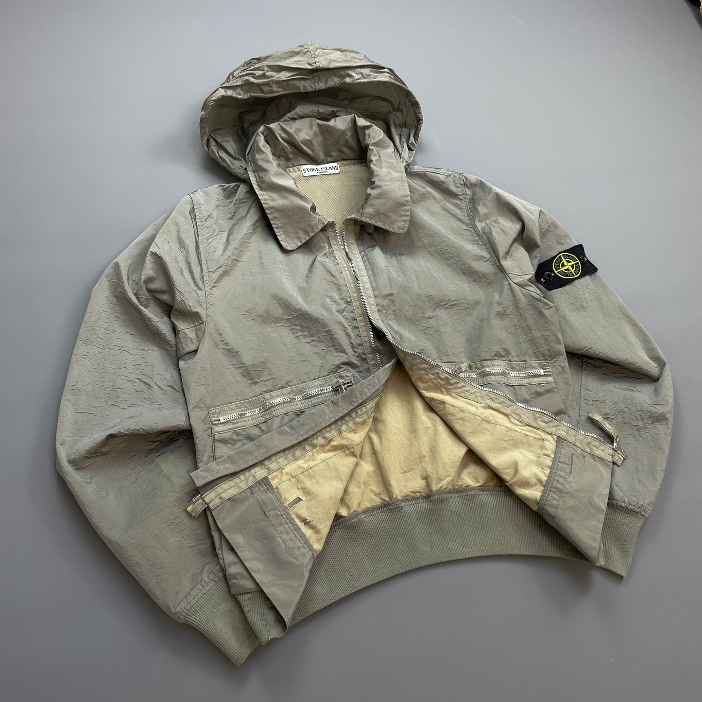 Stone Island Silver Grey SS08 Nylon Metal Archivio Concealed Hood Lightweight Bomber Jacket