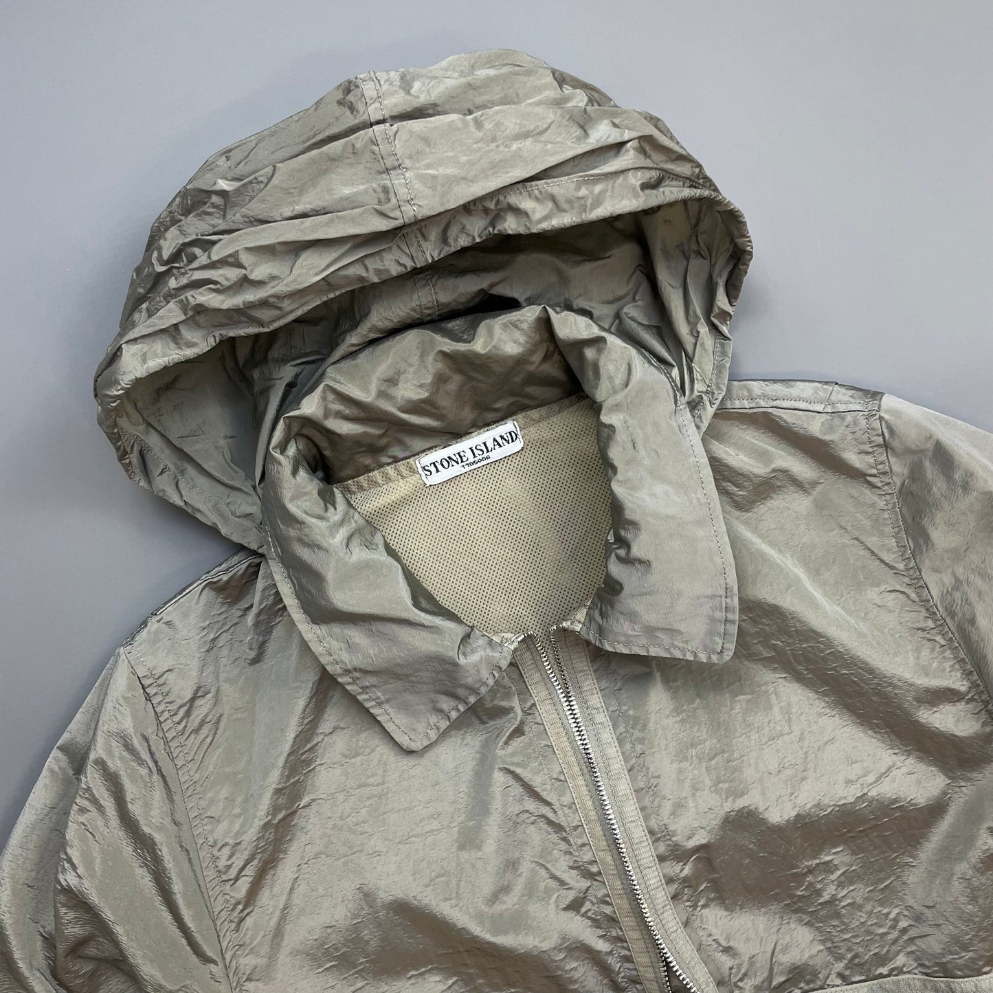 Stone Island Silver Grey SS08 Nylon Metal Archivio Concealed Hood Lightweight Bomber Jacket