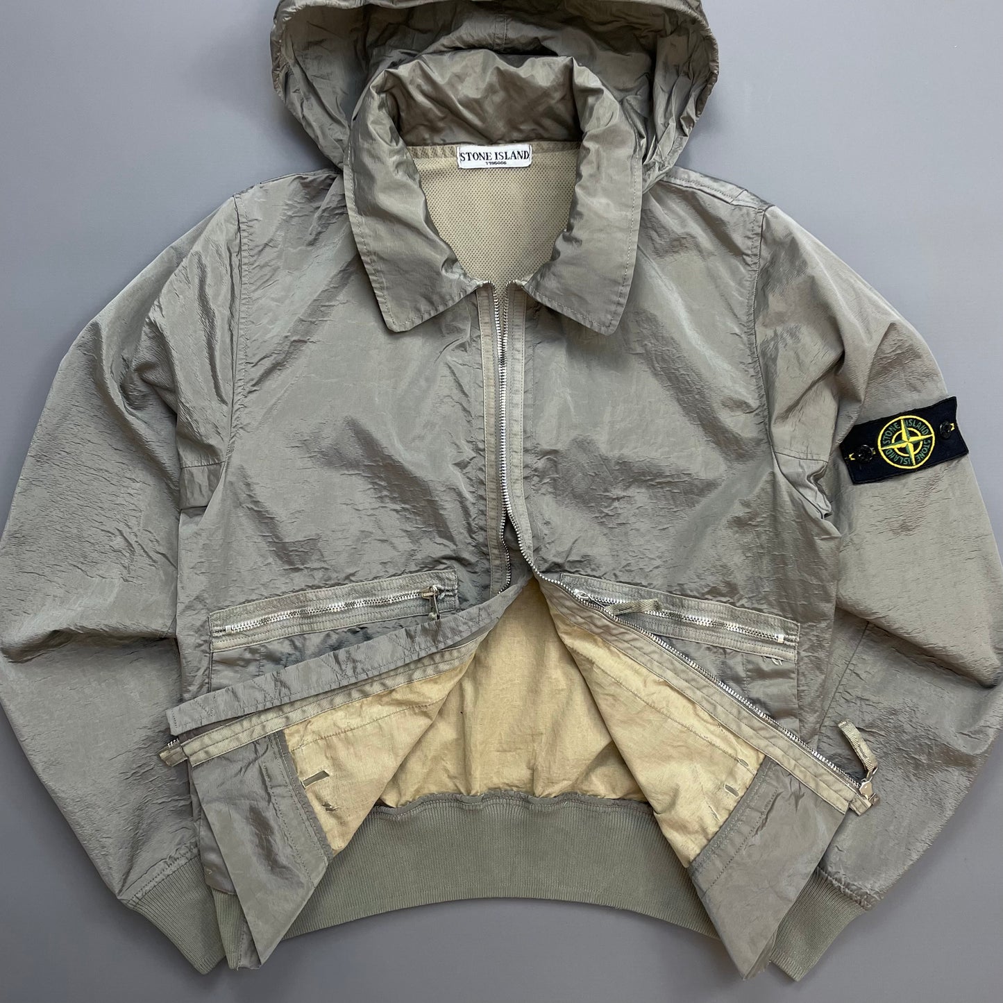 Stone Island Silver Grey SS08 Nylon Metal Archivio Concealed Hood Lightweight Bomber Jacket