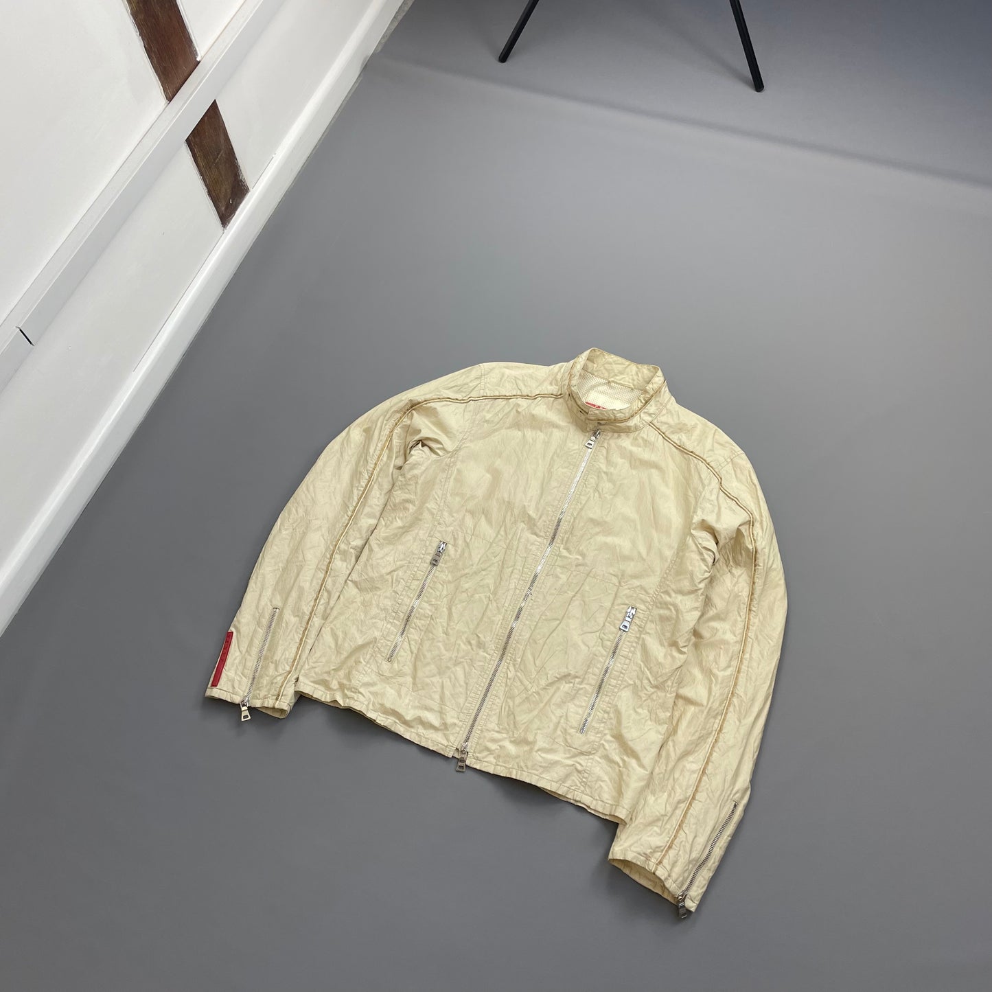 Prada Sport Cream 00s Mixed Metal Nylon Biker Jacket