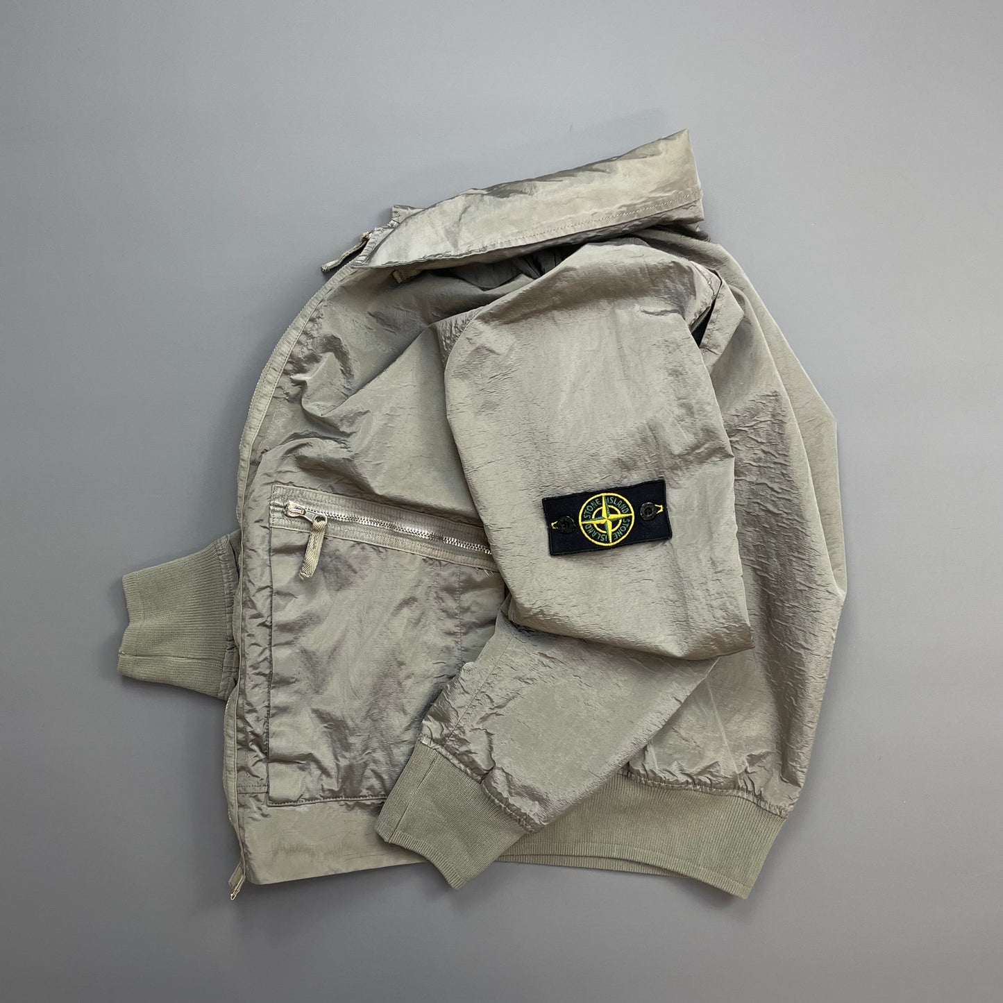 Stone Island Silver Grey SS08 Nylon Metal Archivio Concealed Hood Lightweight Bomber Jacket