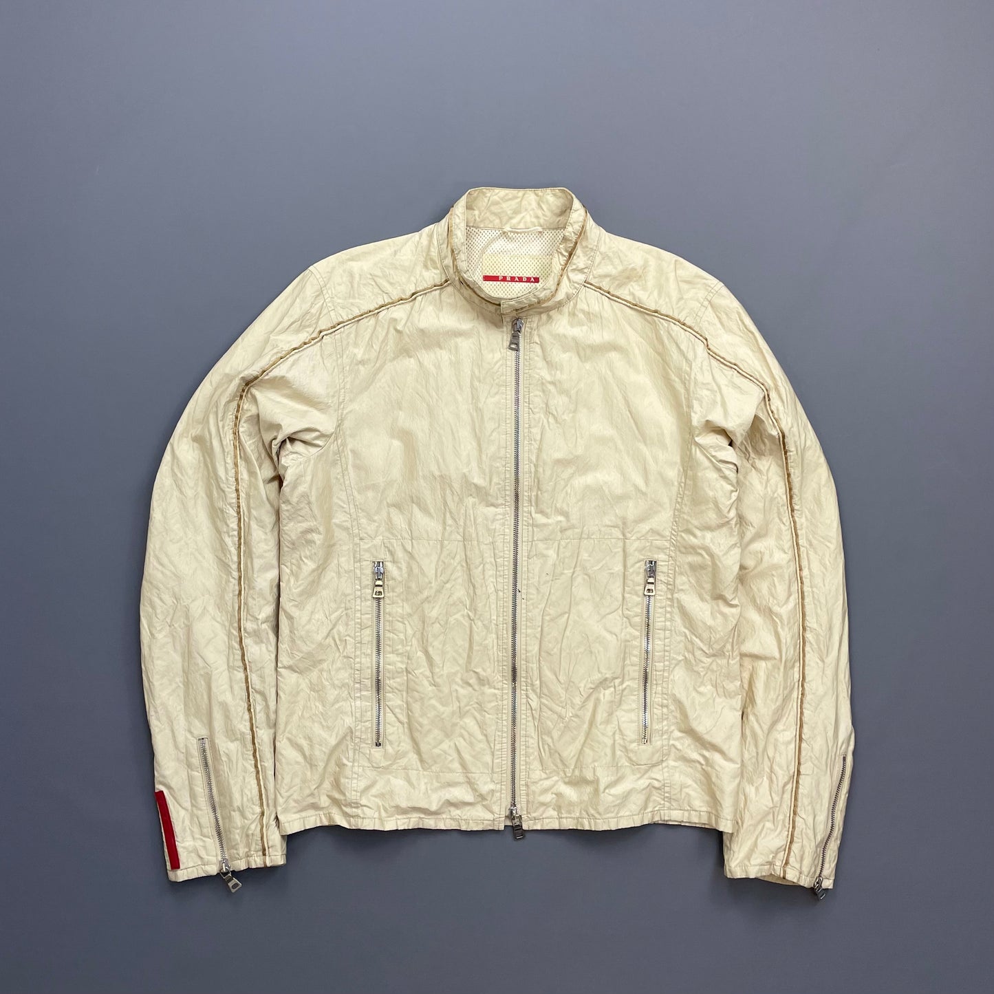 Prada Sport Cream 00s Mixed Metal Nylon Biker Jacket