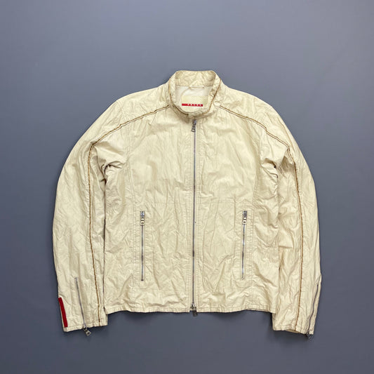 Prada Sport Cream 00s Mixed Metal Nylon Biker Jacket