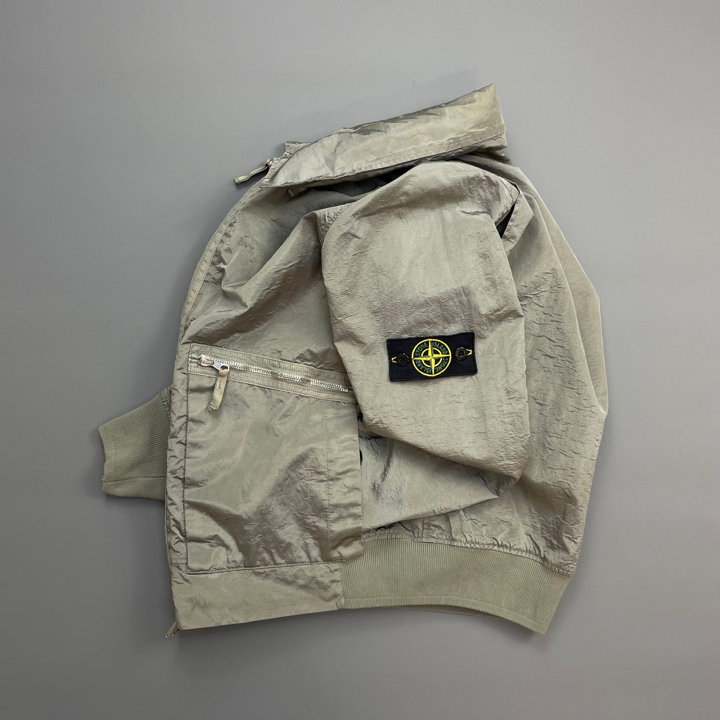 Stone Island Silver Grey SS08 Nylon Metal Archivio Concealed Hood Lightweight Bomber Jacket