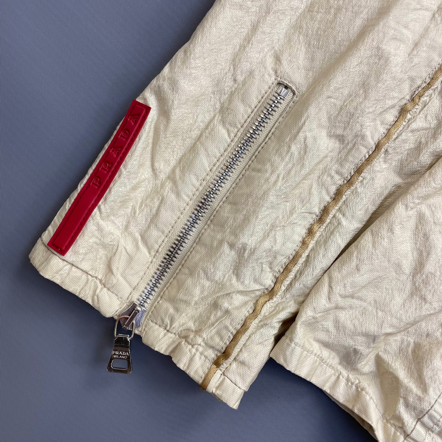 Prada Sport Cream 00s Mixed Metal Nylon Biker Jacket
