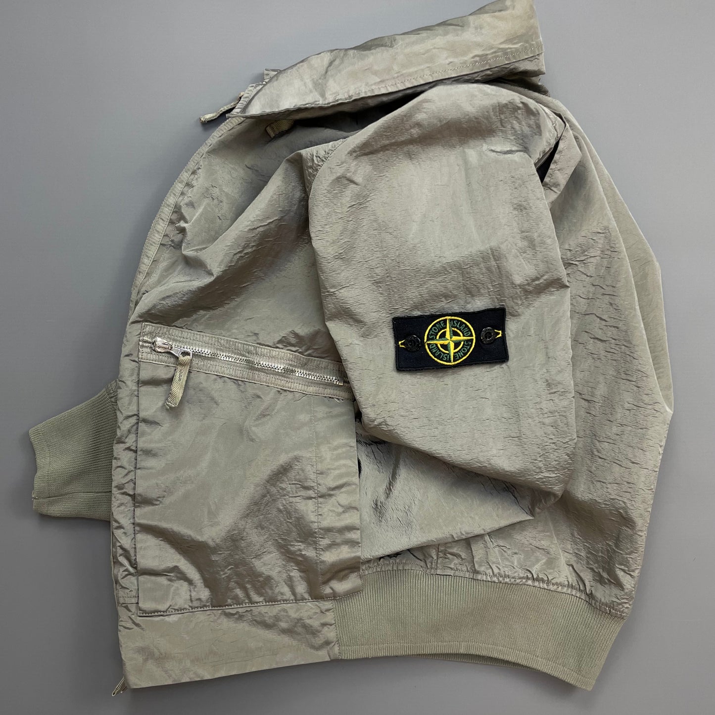 Stone Island Silver Grey SS08 Nylon Metal Archivio Concealed Hood Lightweight Bomber Jacket