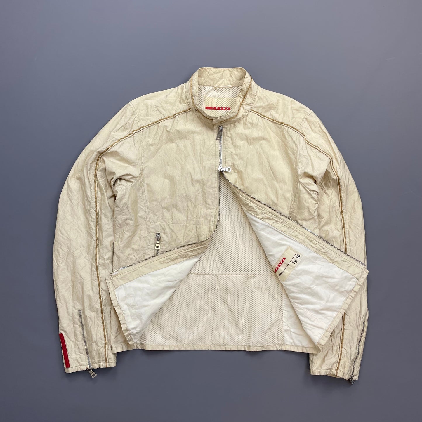 Prada Sport Cream 00s Mixed Metal Nylon Biker Jacket