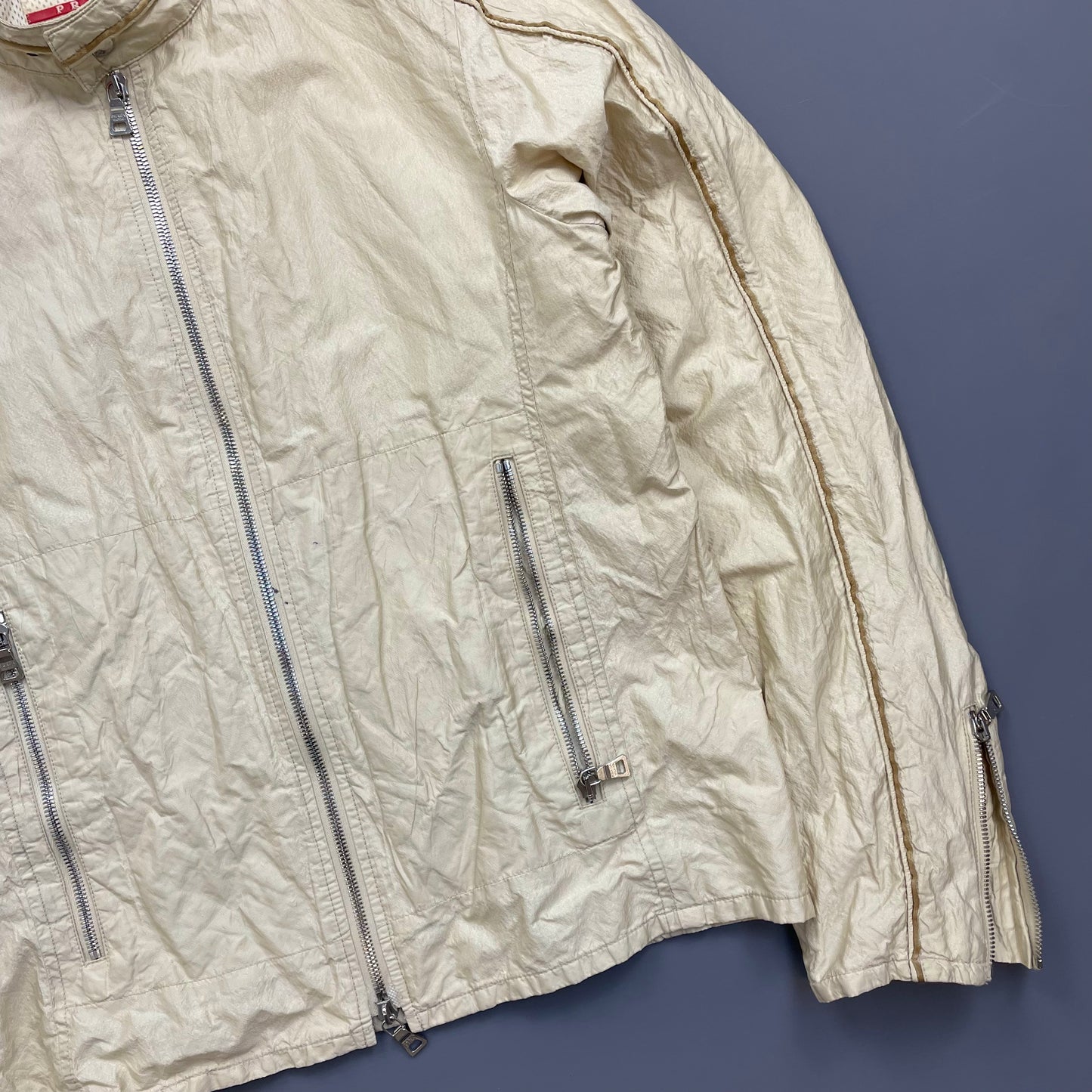 Prada Sport Cream 00s Mixed Metal Nylon Biker Jacket