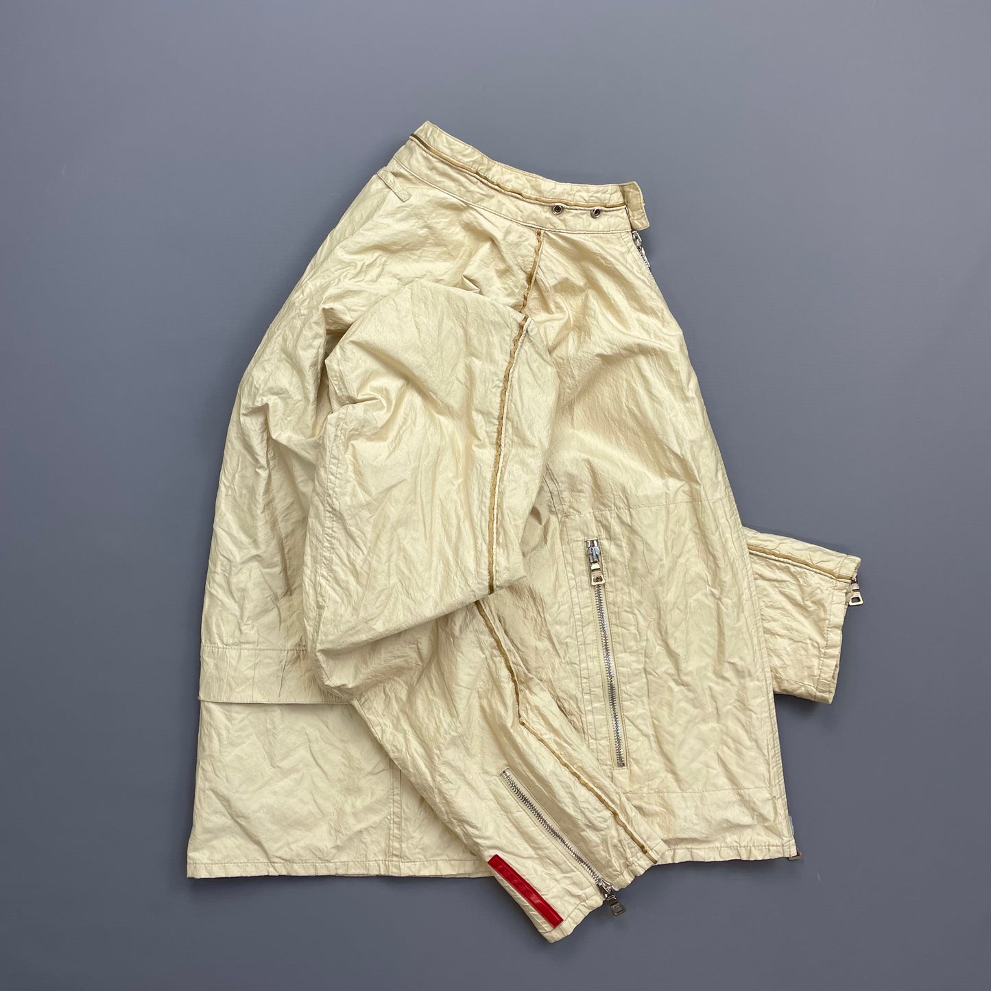 Prada Sport Cream 00s Mixed Metal Nylon Biker Jacket