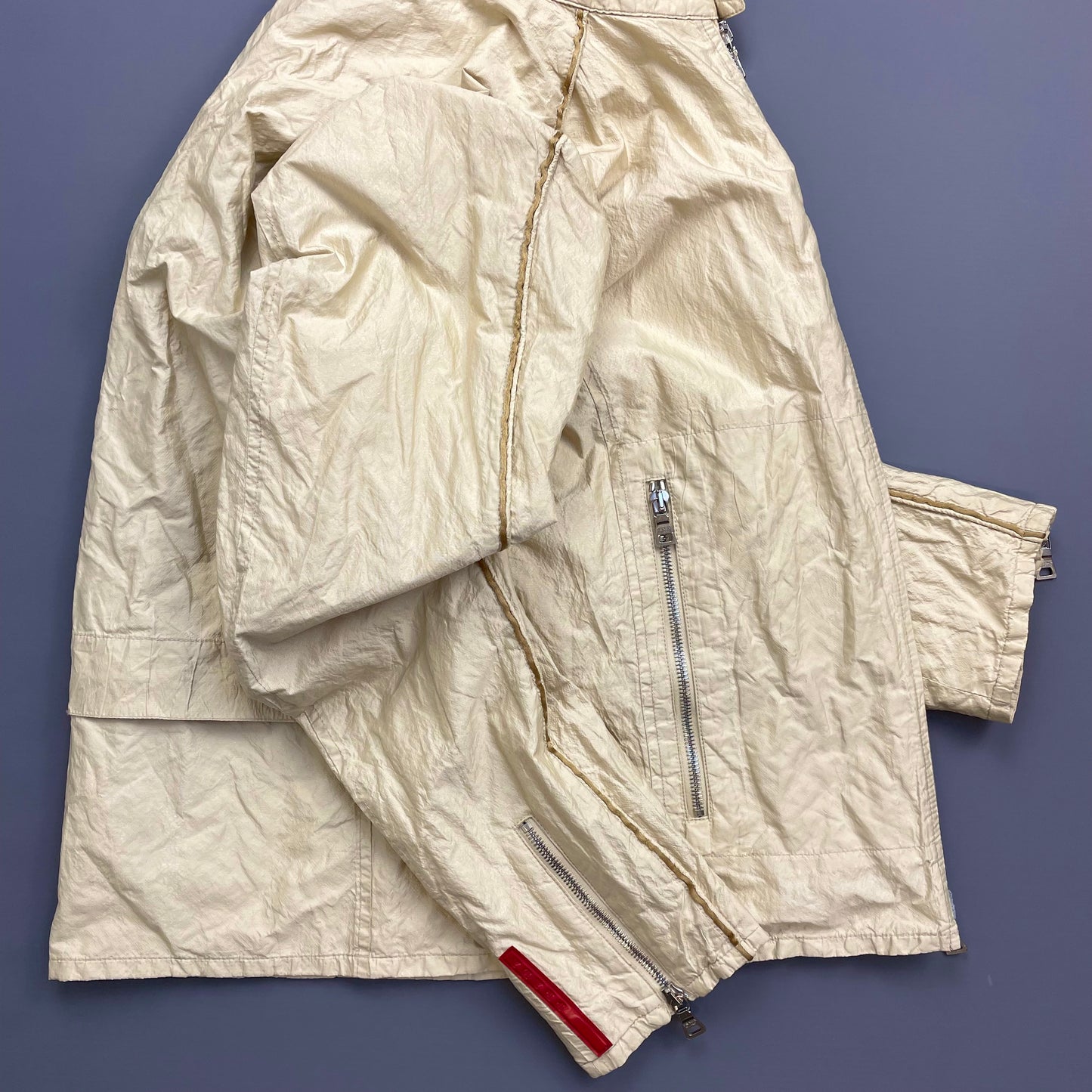 Prada Sport Cream 00s Mixed Metal Nylon Biker Jacket