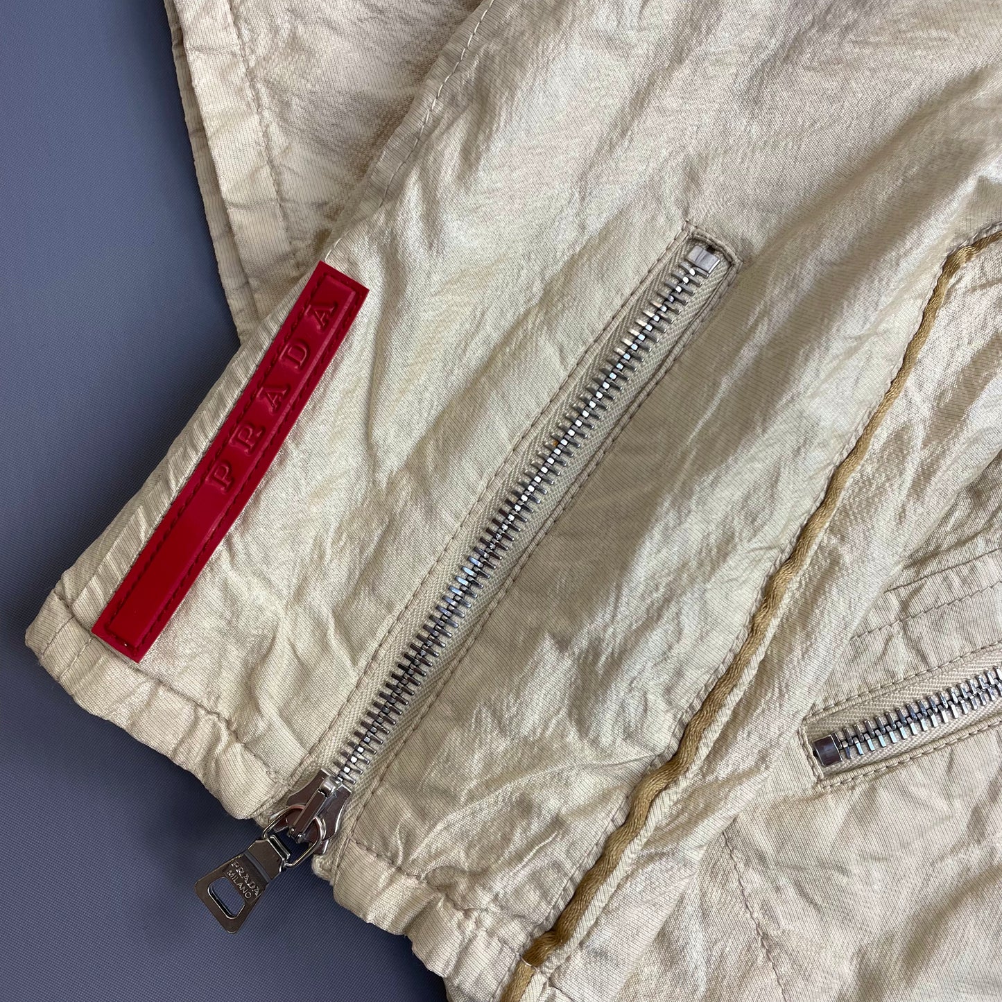 Prada Sport Cream 00s Mixed Metal Nylon Biker Jacket