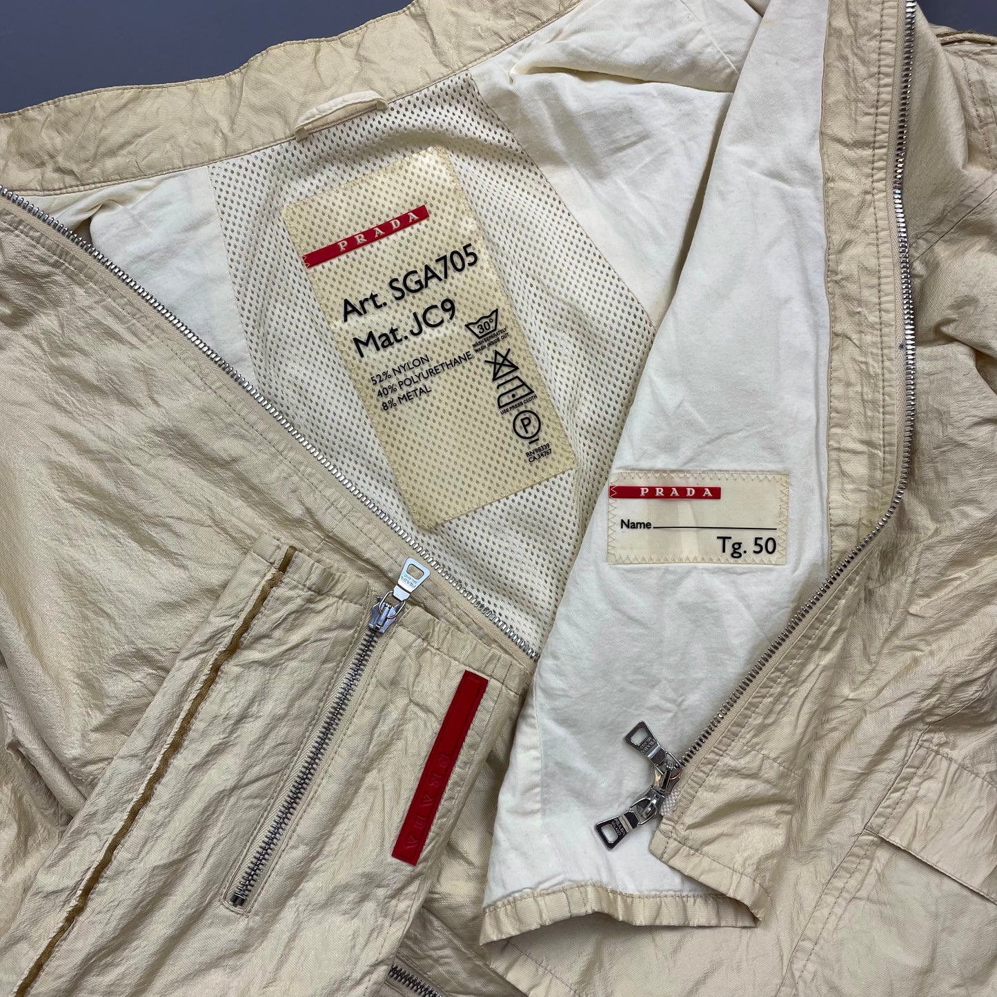 Prada Sport Cream 00s Mixed Metal Nylon Biker Jacket