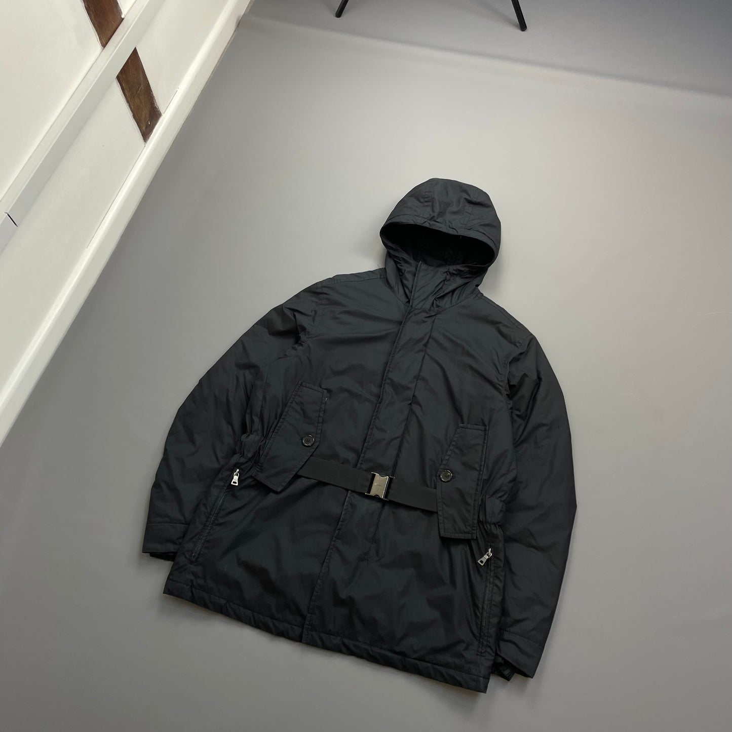 Prada Sport Black Belt Strap Padded Hooded Jacket