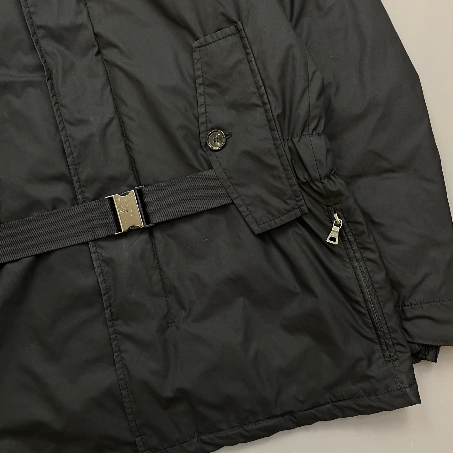 Prada Sport Black Belt Strap Padded Hooded Jacket