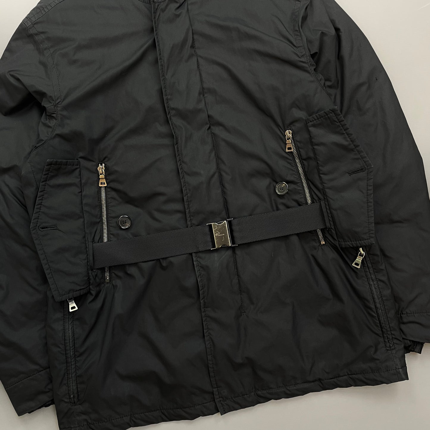 Prada Sport Black Belt Strap Padded Hooded Jacket
