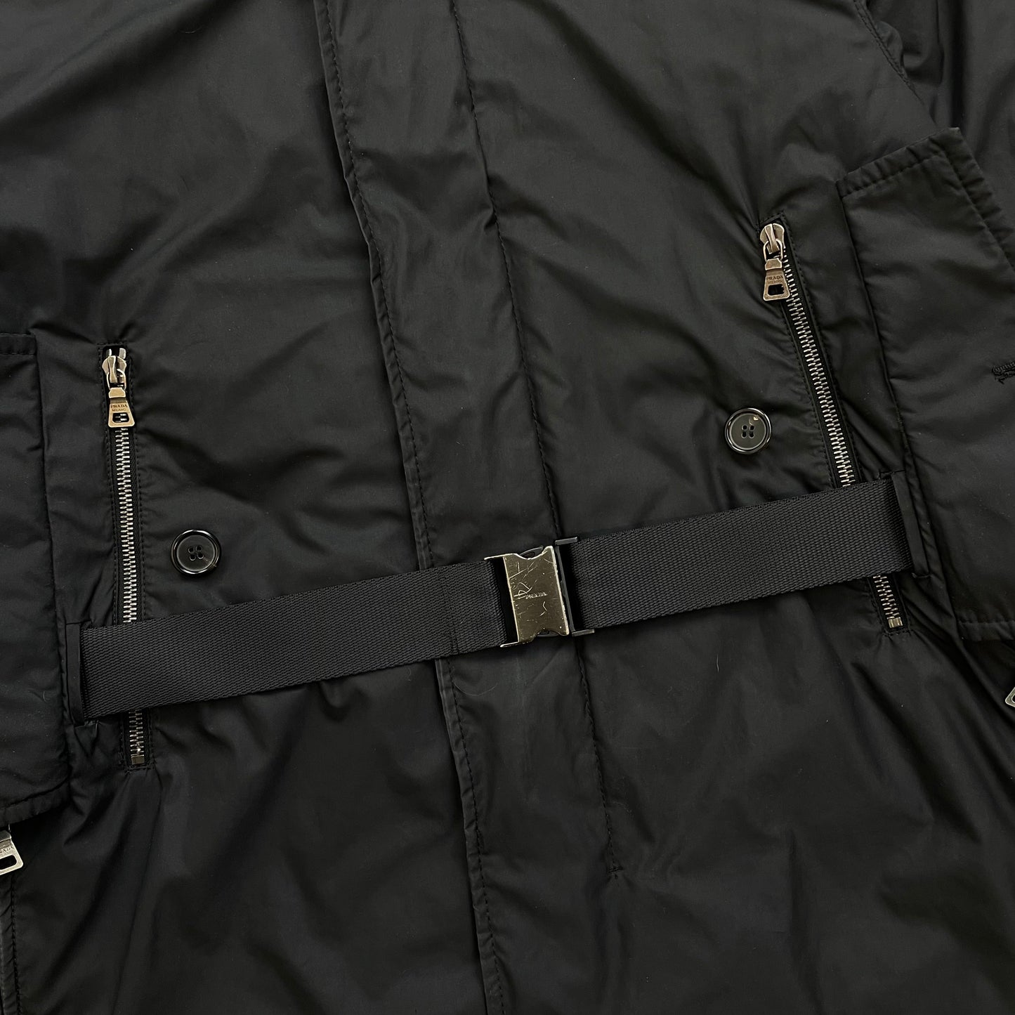 Prada Sport Black Belt Strap Padded Hooded Jacket