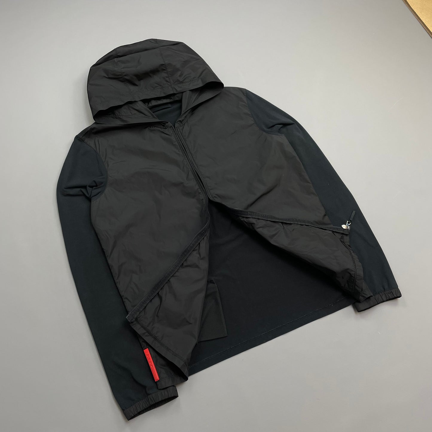 Prada Sport Black Nylon Panel Lightweight Technical Hooded Jacket