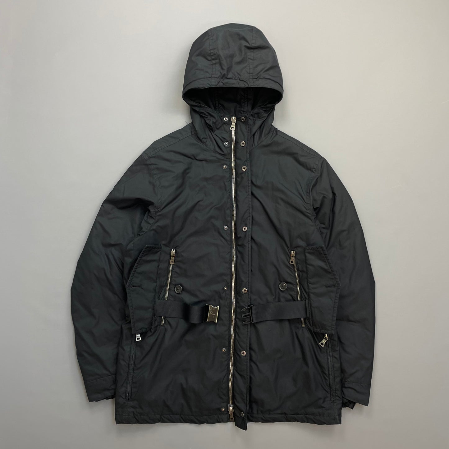 Prada Sport Black Belt Strap Padded Hooded Jacket